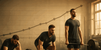 Man in a gym showing transformation by lifting weights everyday, from fatigue to strength along a timeline backdrop.