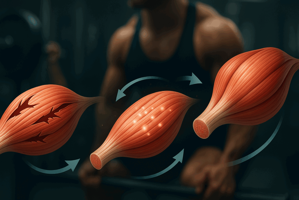 Muscle fibers undergoing stress, repair, and growth as a person trains by lifting weights everyday in a gym setting
