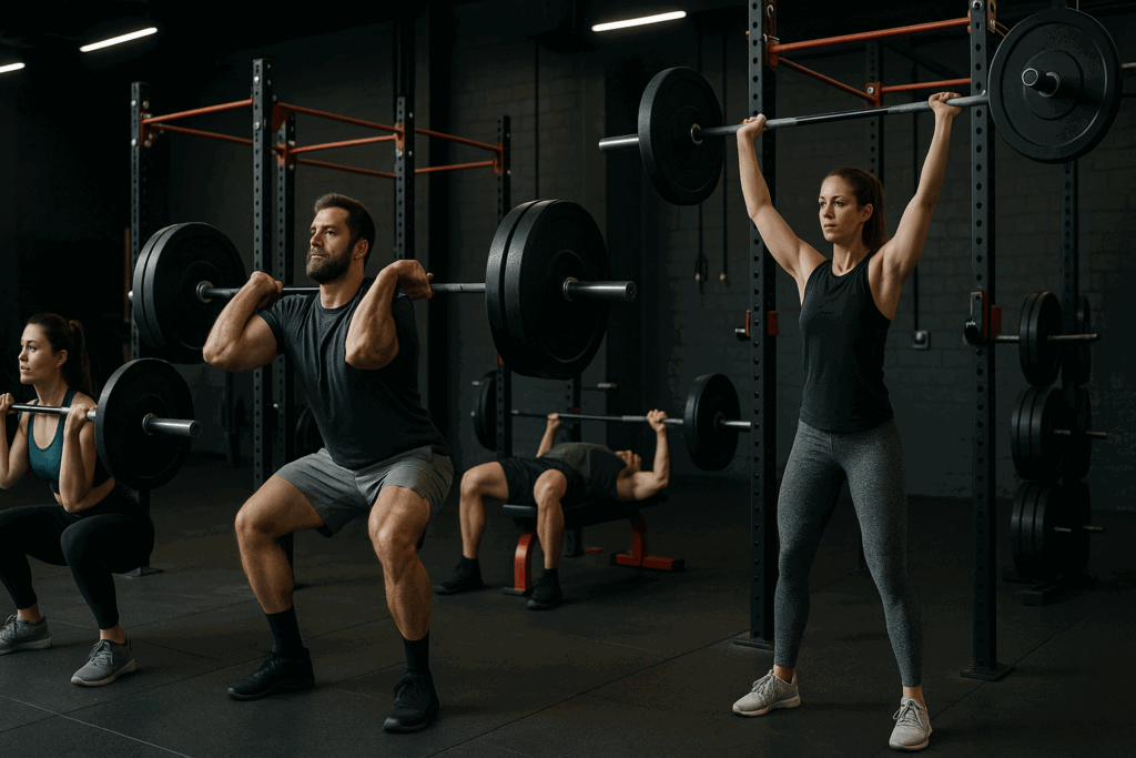 Group of athletes lifting weights everyday using varied routines like squats, bench press, and overhead lifts in a modern gym.