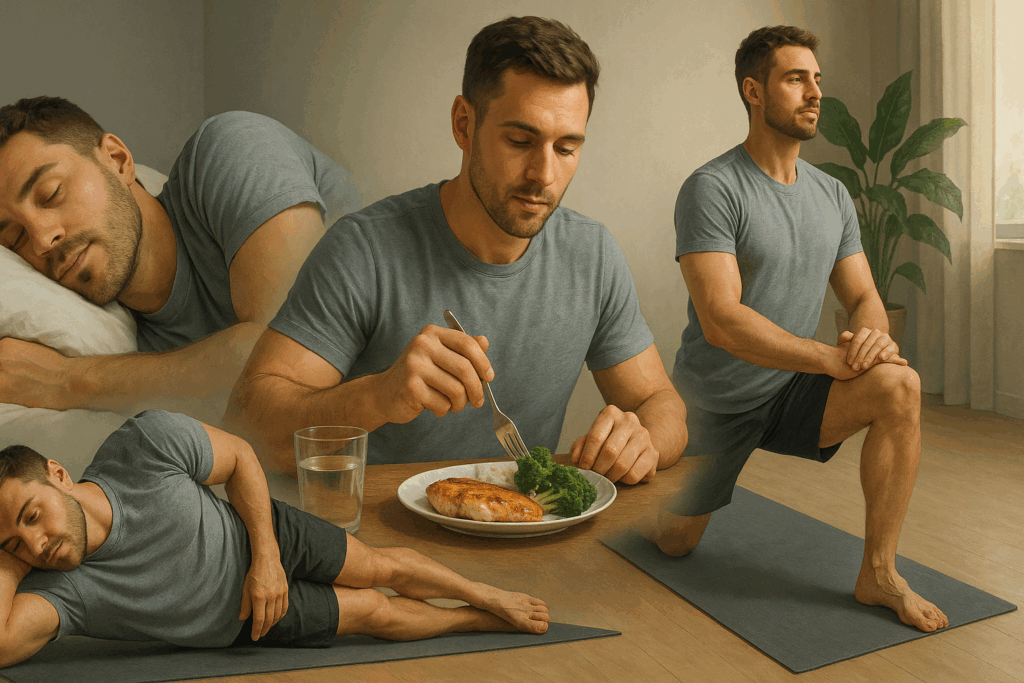 Athlete practicing recovery strategies for lifting weights everyday—sleeping, eating healthy, stretching, and foam rolling in a calm home setting.