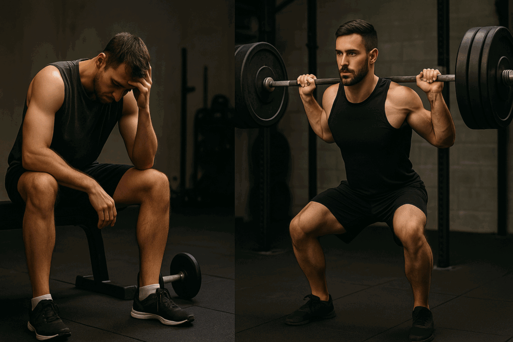 Comparison of two men lifting weights everyday—one exhausted from poor training, the other energized with balanced programming