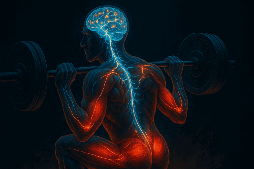 Neural pathways lighting up in a man’s brain and spine while lifting weights everyday, showing active muscle engagement