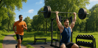 Man jogging in a park while another lifts weights outdoors, illustrating the balance in fitness routines—answering is it good to do cardio everyday.