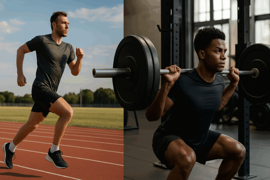 Runner sprinting on a track beside a person lifting weights in a gym, illustrating the debate: is it good to do cardio everyday.