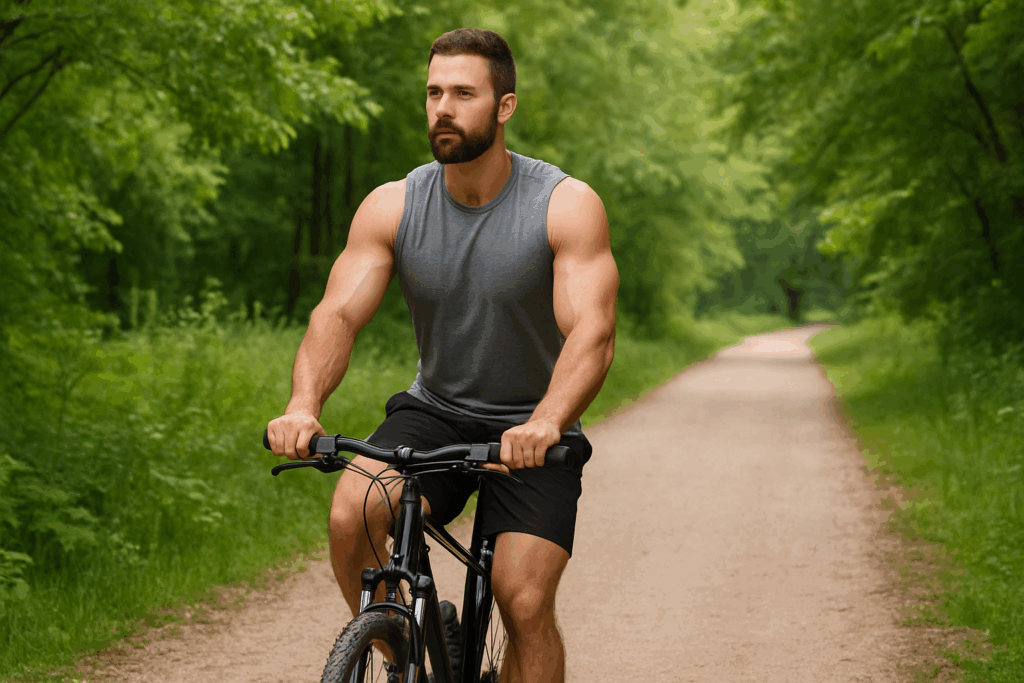 Moderately muscled man cycling on a peaceful forest trail, illustrating is it good to do cardio everyday for muscle maintenance.