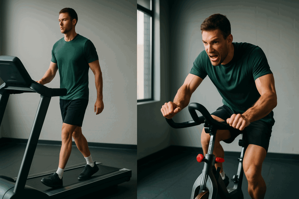 Man alternating between steady treadmill walking and intense interval cycling in a gym, illustrating is it good to do cardio everyday.