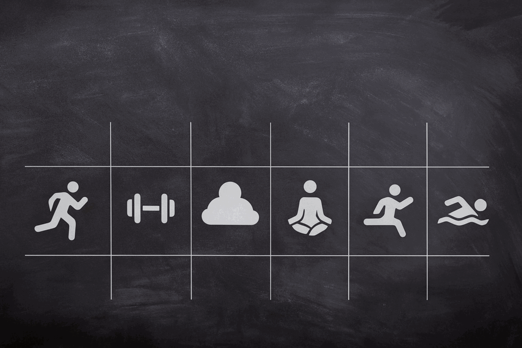 Weekly workout planner with icons for running, weightlifting, yoga, rest, and swimming illustrating the concept behind is it good to do cardio everyday.