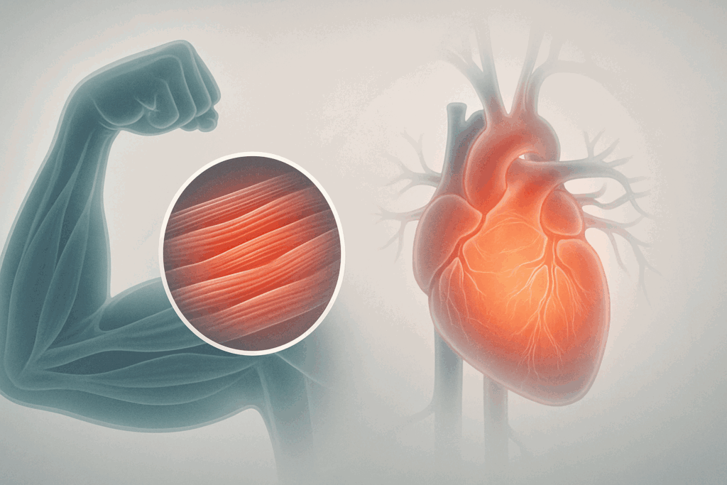 Scientific illustration showing muscle fiber growth and cardiovascular health side by side, exploring whether is it good to do cardio everyday