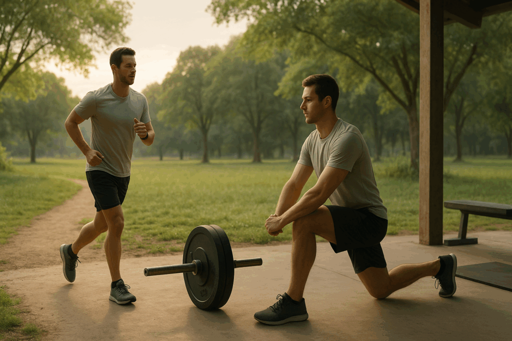 Man finishing a light run then stretching by a barbell in an open-air gym, illustrating a healthy routine that answers is it good to do cardio everyday.
