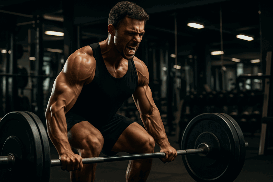 Men working out in the gym performing an intense deadlift with dramatic lighting highlighting muscular definition and strength.