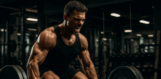 Men working out in the gym performing an intense deadlift with dramatic lighting highlighting muscular definition and strength.