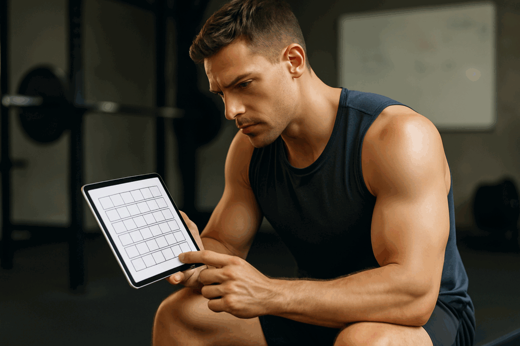 Focused man reviewing a 30-day workout plan on a digital tablet post-session in a gym, representing men working out in the gym.