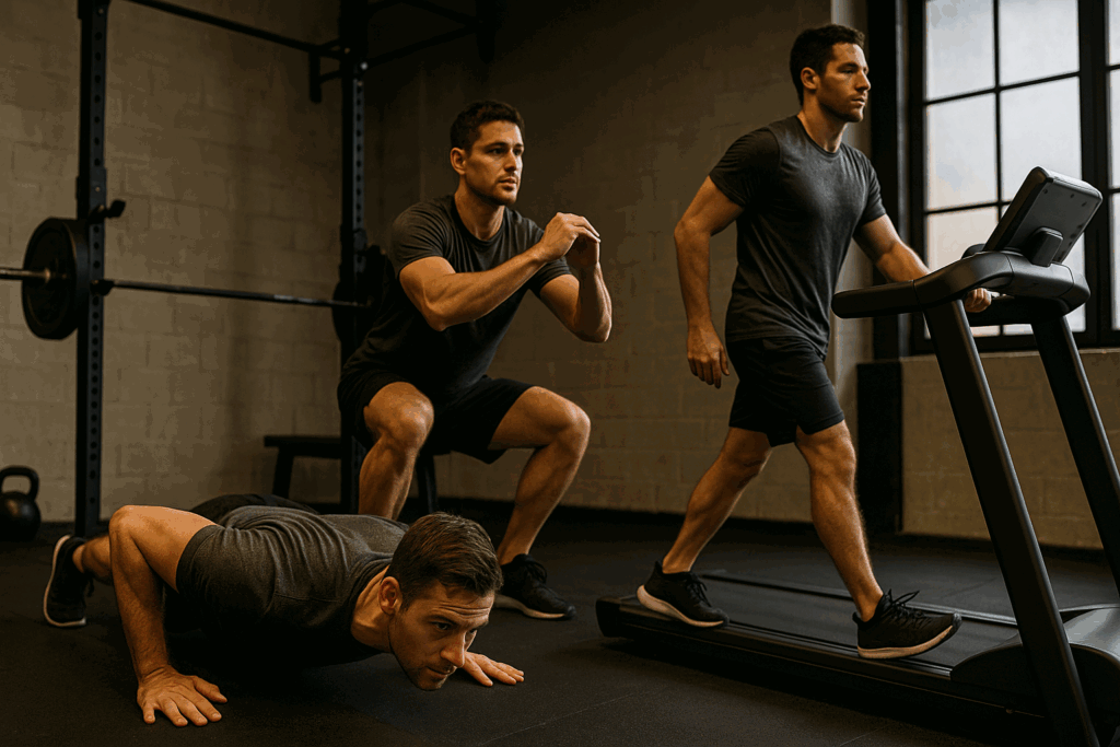Men working out in the gym performing push-ups, bodyweight squats, and walking on a treadmill in a modern training facility.