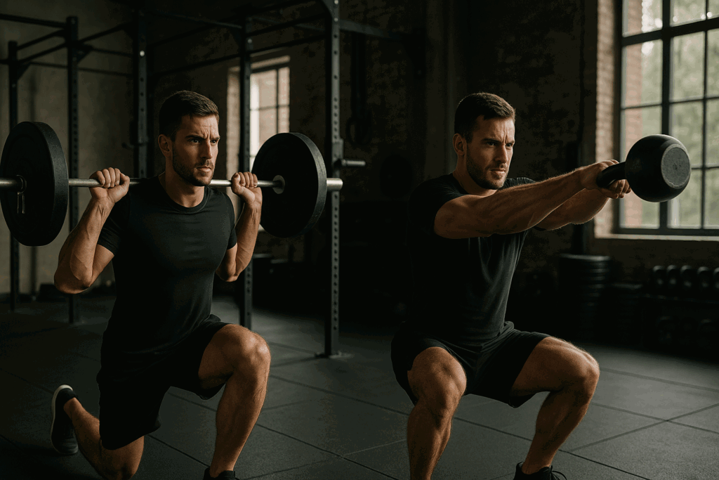 Men working out in the gym performing barbell lunges and kettlebell swings with focused intensity in a free weights area.