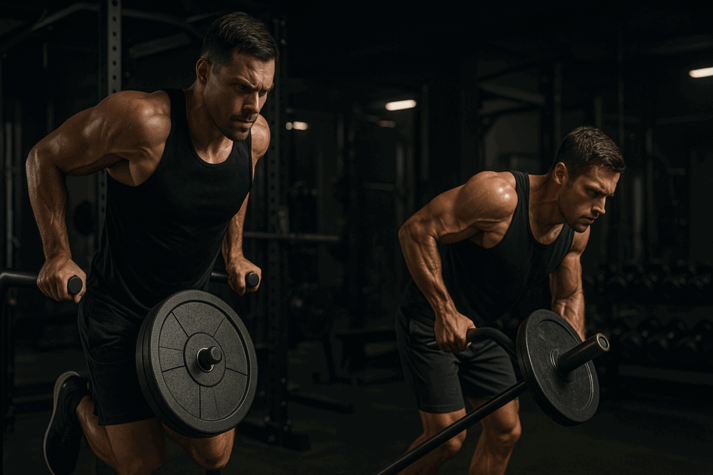 Men working out in the gym performing weighted dips and T-bar rows during a focused strength training session