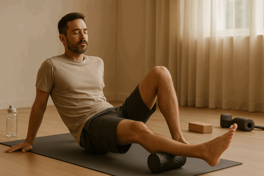 Man using a foam roller on a yoga mat in a calm fitness studio, representing active recovery for men working out in the gym.