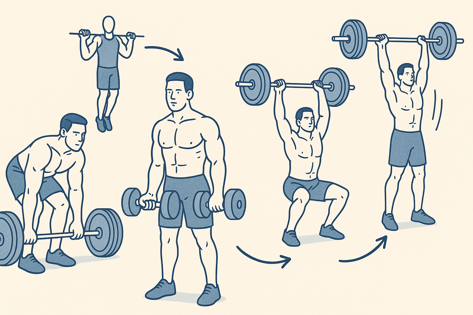Stylized men working out in the gym using advanced strength techniques like deadlifts, pull-ups, and compound supersets in a motion-flow infographic.