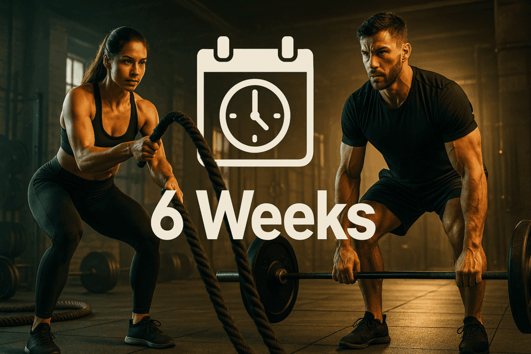 The Ultimate 6 Week Training Plan to Build Strength, Burn Fat, and Transform Your Body_01 Man and woman mid-workout in a gym with battle ropes and barbell, bold “6 Weeks” overlay for a 6 week training plan.