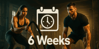Man and woman mid-workout in a gym with battle ropes and barbell, bold “6 Weeks” overlay for a 6 week training plan.