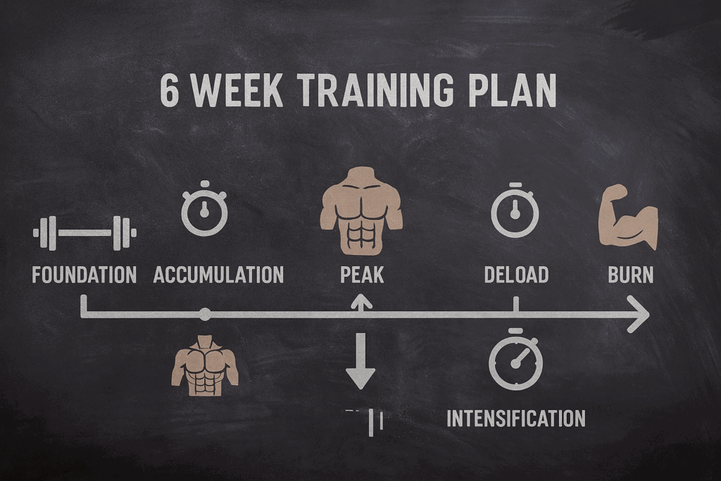 Infographic on a chalkboard showing a 6 week training plan with icons and labeled phases like Foundation, Peak, and Intensification.