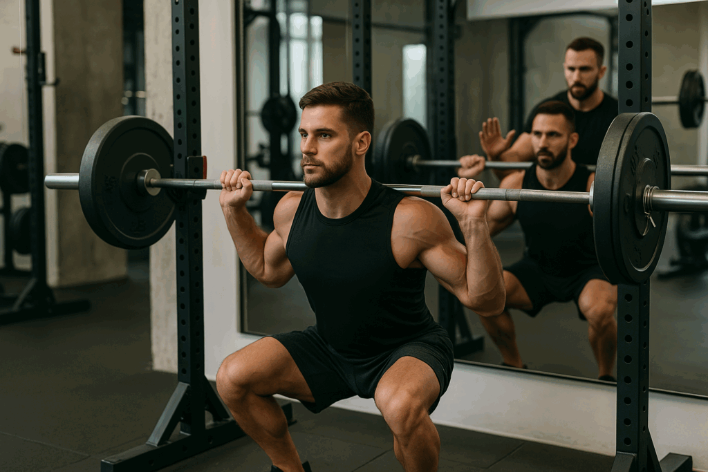 Man performing a barbell squat with a coach monitoring form in a strength gym, demonstrating proper technique in a 6 week training plan.