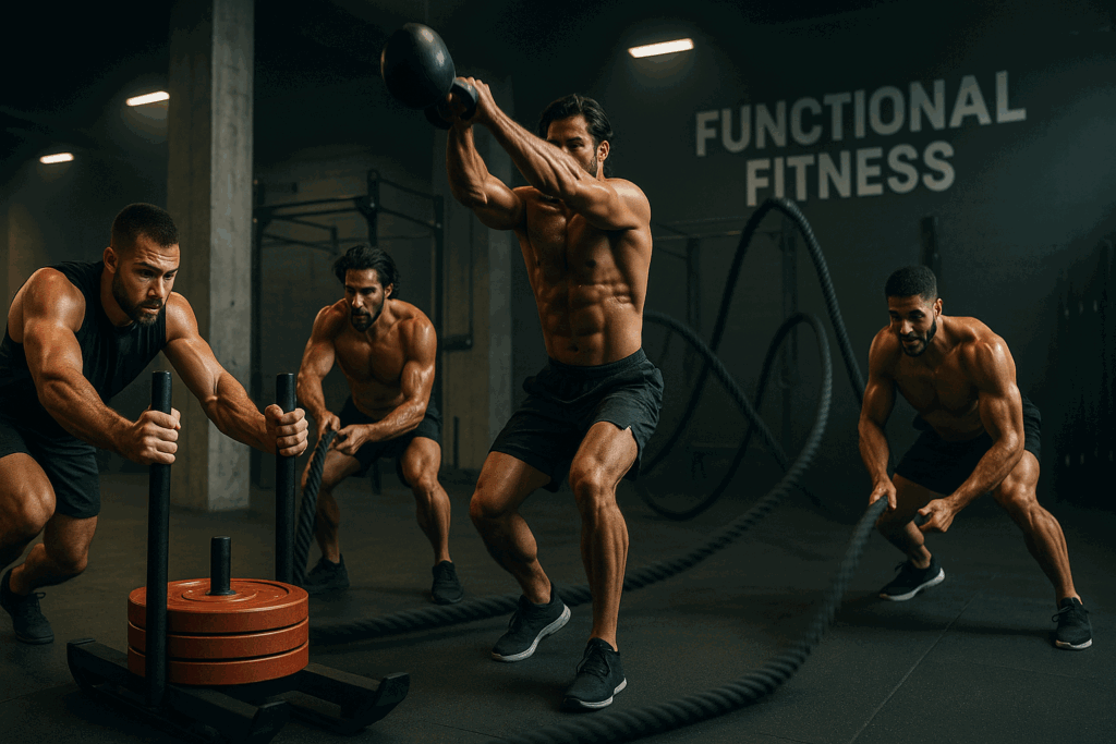 Four athletes rotating through sled pushes, kettlebell swings, battle ropes, and burpees as part of a 6 week training plan.