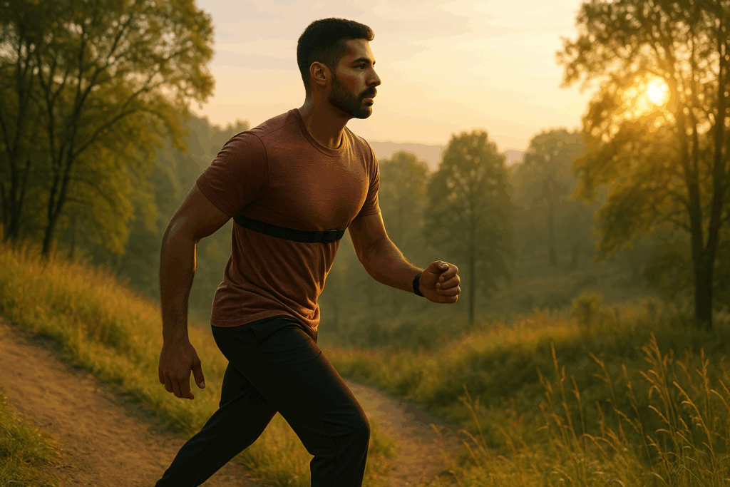 Man walking uphill at sunrise with a heart rate monitor, symbolizing low-intensity cardio in a 6 week training plan.