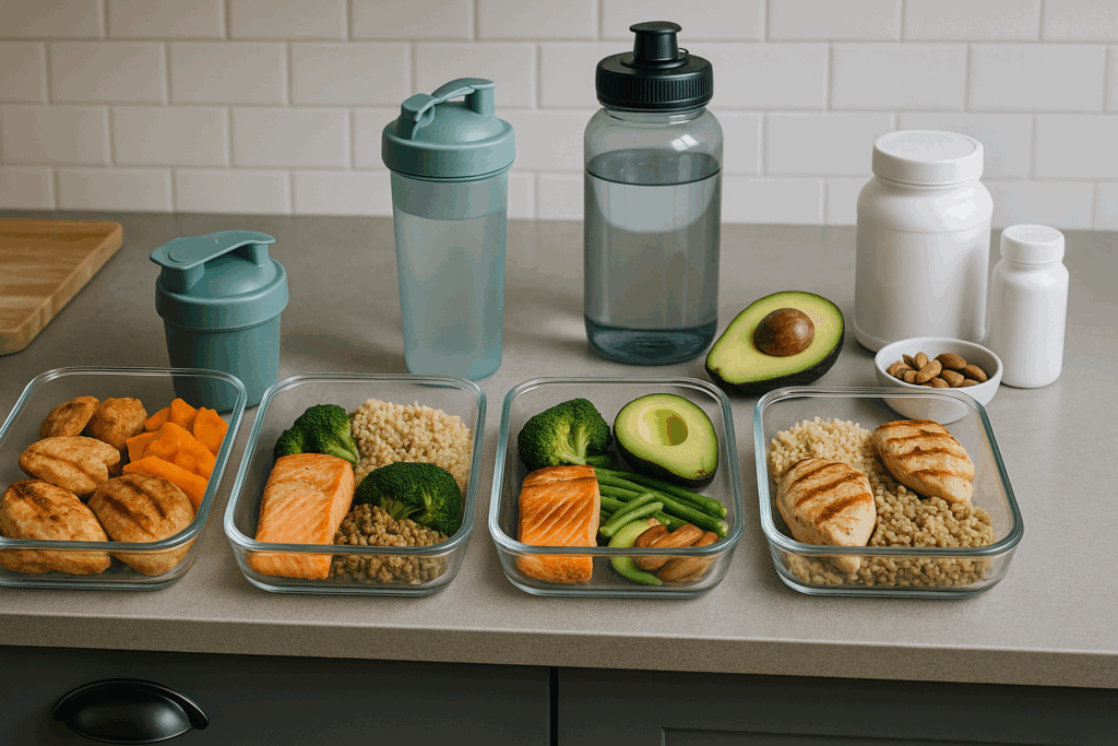 Meal prep containers with chicken, salmon, brown rice, avocado, and supplements arranged to support a 6 week training plan.