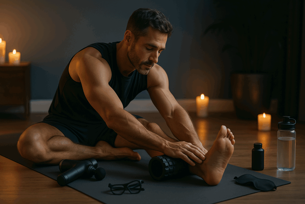 Man stretching on a yoga mat in candlelit room with recovery tools, emphasizing rest in a balanced 6 week training plan.