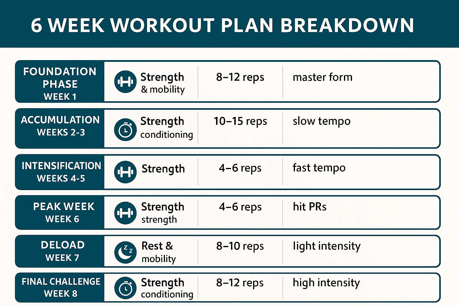 Infographic outlining a 6 week training plan with weekly phases, goals, rep ranges, tempo, and strength-focused icons for each stage.