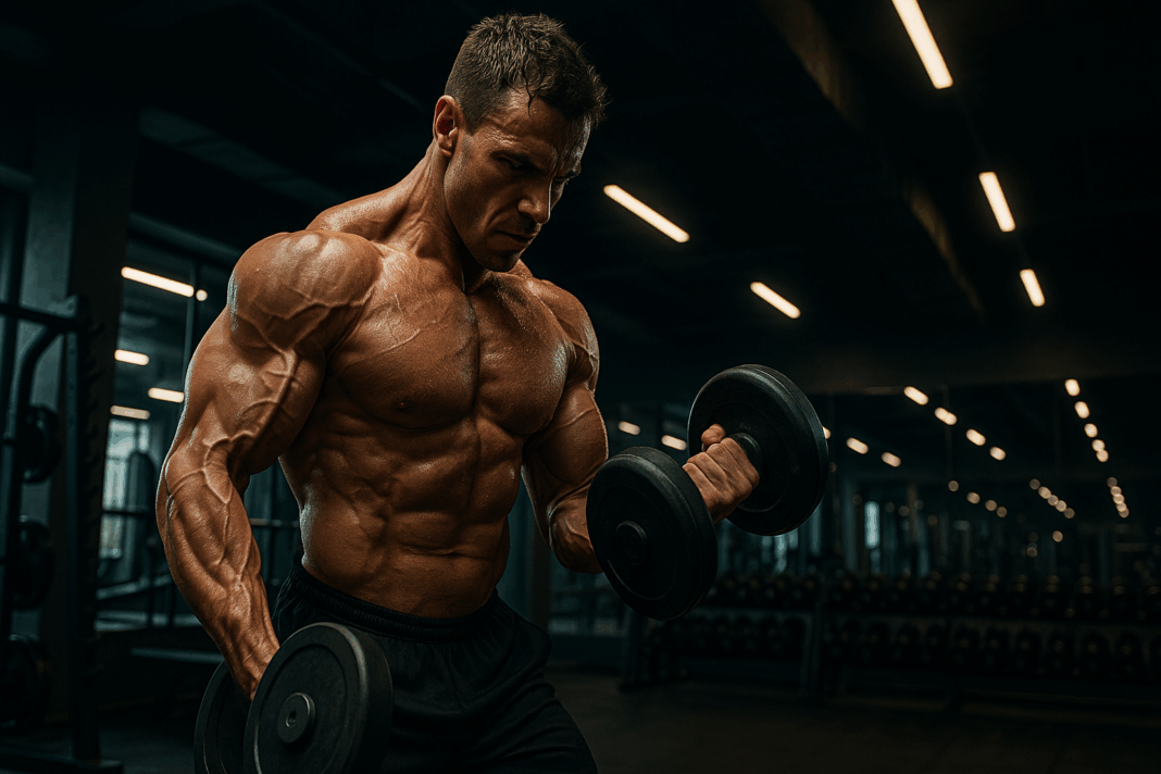 Muscular man lifting dumbbells in a modern gym, mid-rep during an intense 8 week hypertrophy program workout
