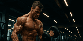 Muscular man lifting dumbbells in a modern gym, mid-rep during an intense 8 week hypertrophy program workout