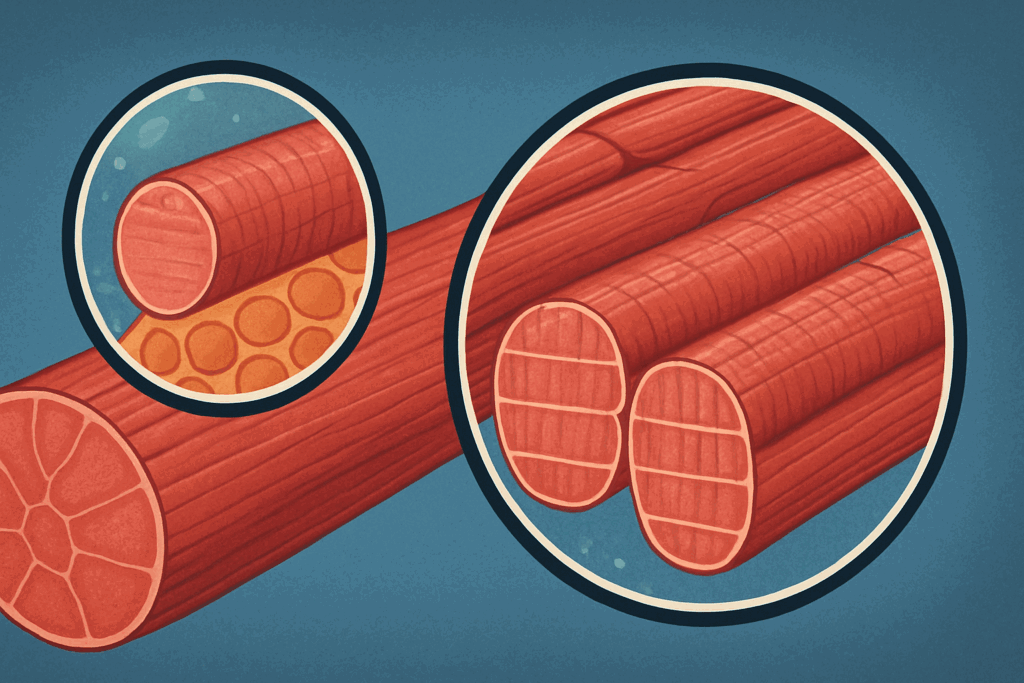 Digital diagram comparing sarcoplasmic vs myofibrillar muscle growth under a microscope, supporting an 8 week hypertrophy program