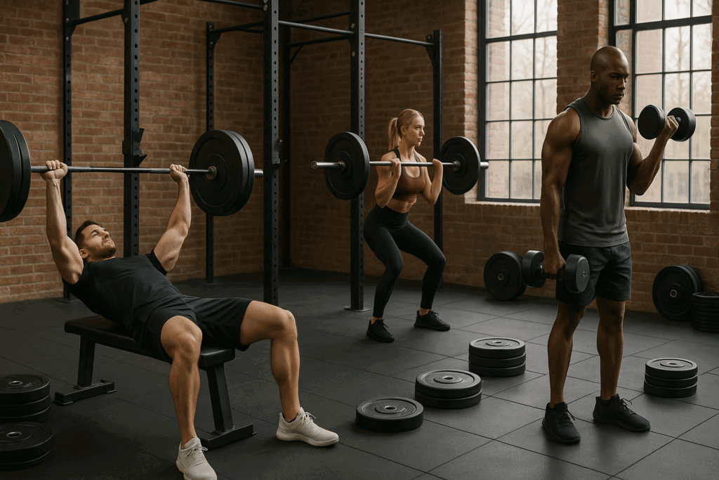 Athletes performing squats, bench presses, and bicep curls in a gym during an 8 week hypertrophy program