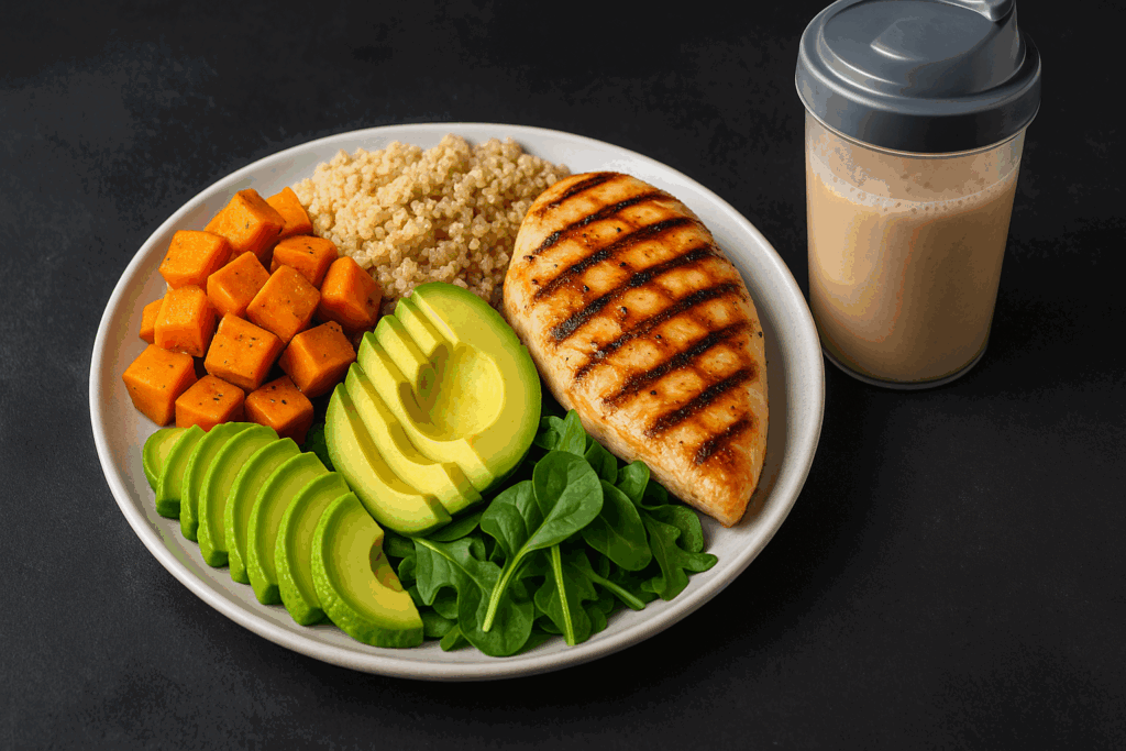 Grilled chicken, quinoa, avocado, sweet potatoes, leafy greens, and a protein shake plated as a macro-balanced meal for the 8 week hypertrophy program