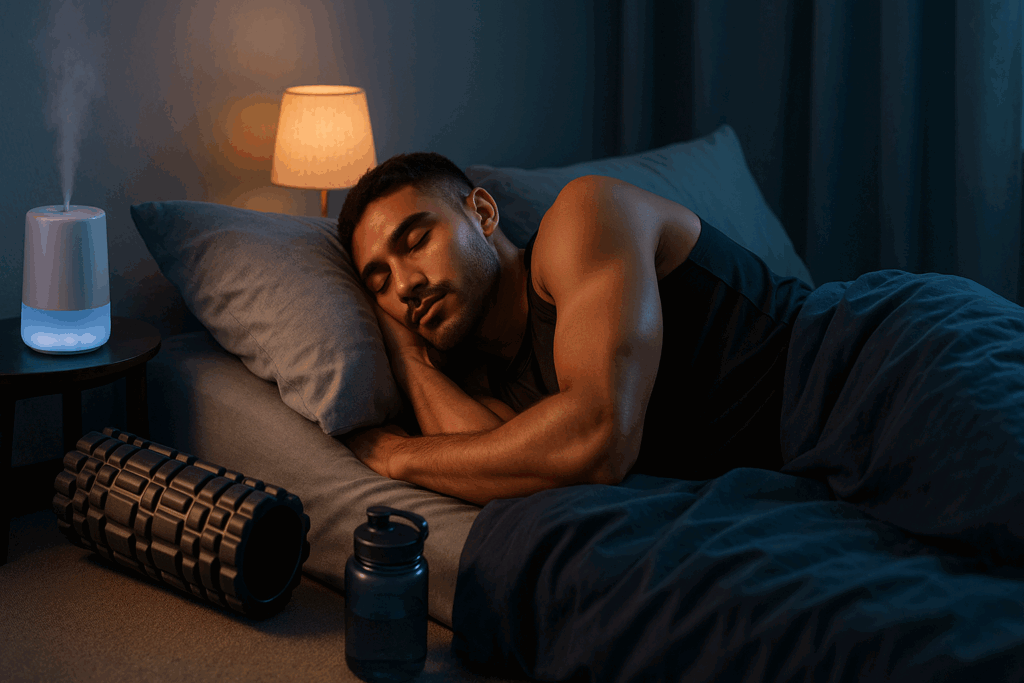 Athlete peacefully sleeping in a dimly lit room with recovery tools, supporting rest during an 8 week hypertrophy program.