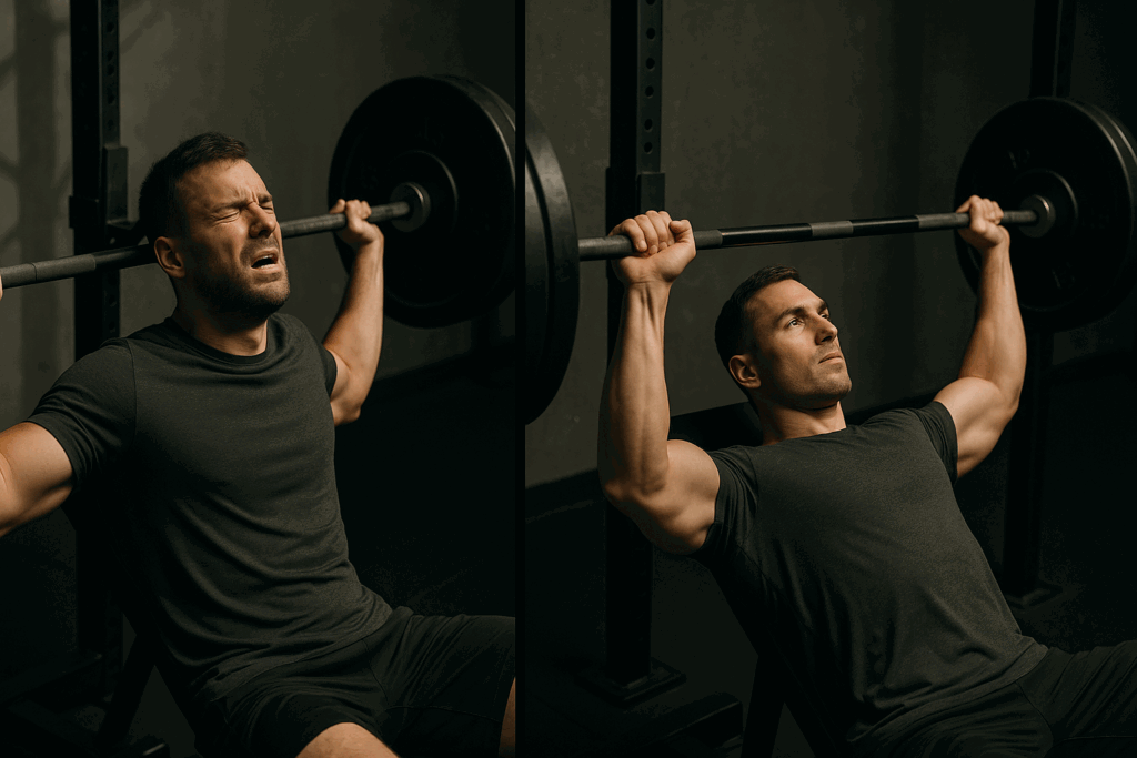 Split-screen comparison of incorrect and proper bench press form, illustrating smart training techniques in an 8 week hypertrophy program