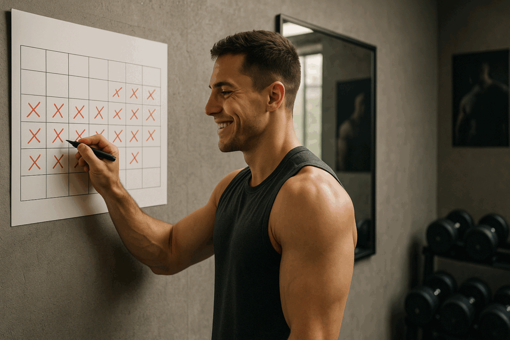 Man smiling while checking off completed workouts on a gym calendar during his 8 week hypertrophy program