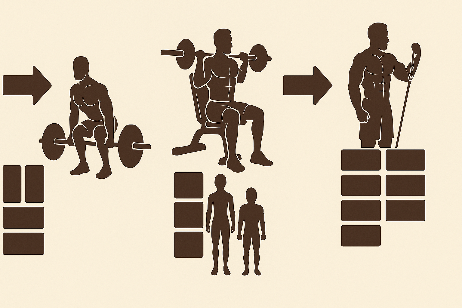 Infographic showing the 8 week hypertrophy program with muscular figures progressing through foundational volume, intensity, and advanced training phases