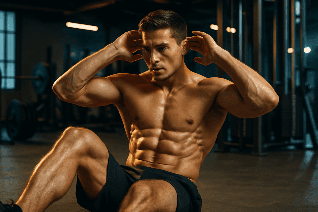 The Ultimate Abs Blueprint A Powerful Workout Routine for Men Abs That Builds Definition and Core Strength_01 Shirtless man with six-pack abs doing crunches in a gym, highlighting a focused workout routine for men abs.