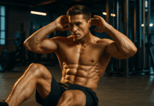 The Ultimate Abs Blueprint: A Powerful Workout Routine for Men Abs That Builds Definition and Core Strength Shirtless man with six-pack abs doing crunches in a gym, highlighting a focused workout routine for men abs.