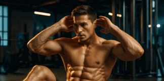 Shirtless man with six-pack abs doing crunches in a gym, highlighting a focused workout routine for men abs.