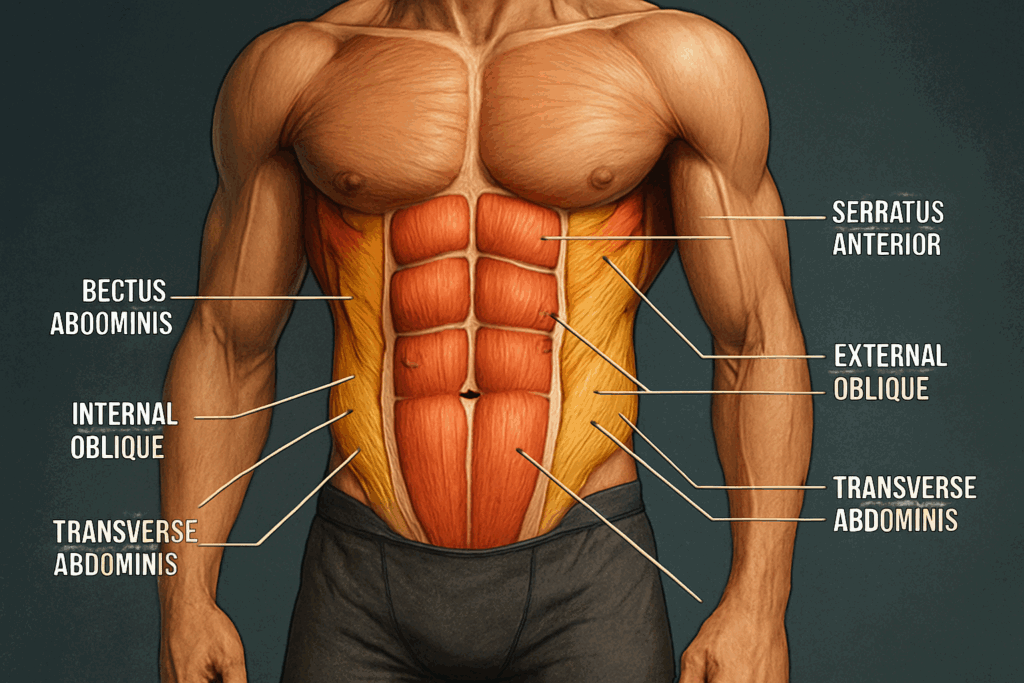 Anatomical illustration of male core muscles highlighting key areas targeted in a workout routine for men abs, including obliques and rectus abdominis.