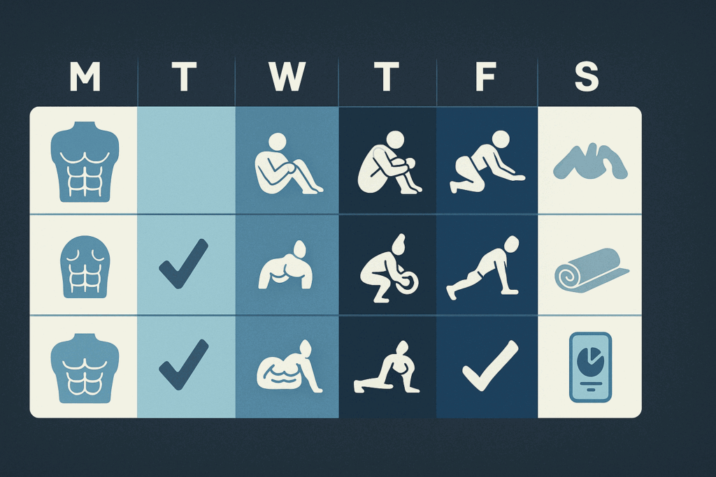Weekly grid with icons for activation, core overload, and recovery days showing a structured workout routine for men abs progression.