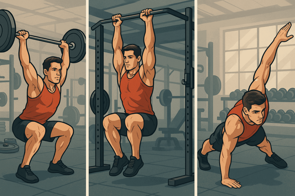 Workout routine for men abs demonstrated through overhead squat, hanging knee raise, and side plank reach in a gym setting.