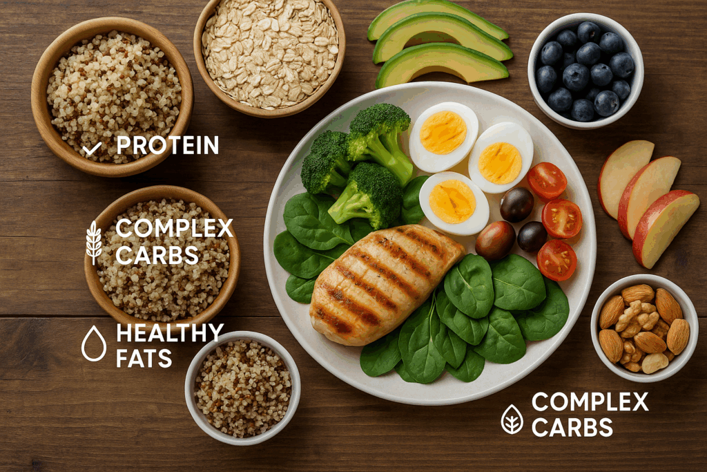 Balanced meal with protein, complex carbs, and healthy fats to support a workout routine for men abs and fat loss goals.