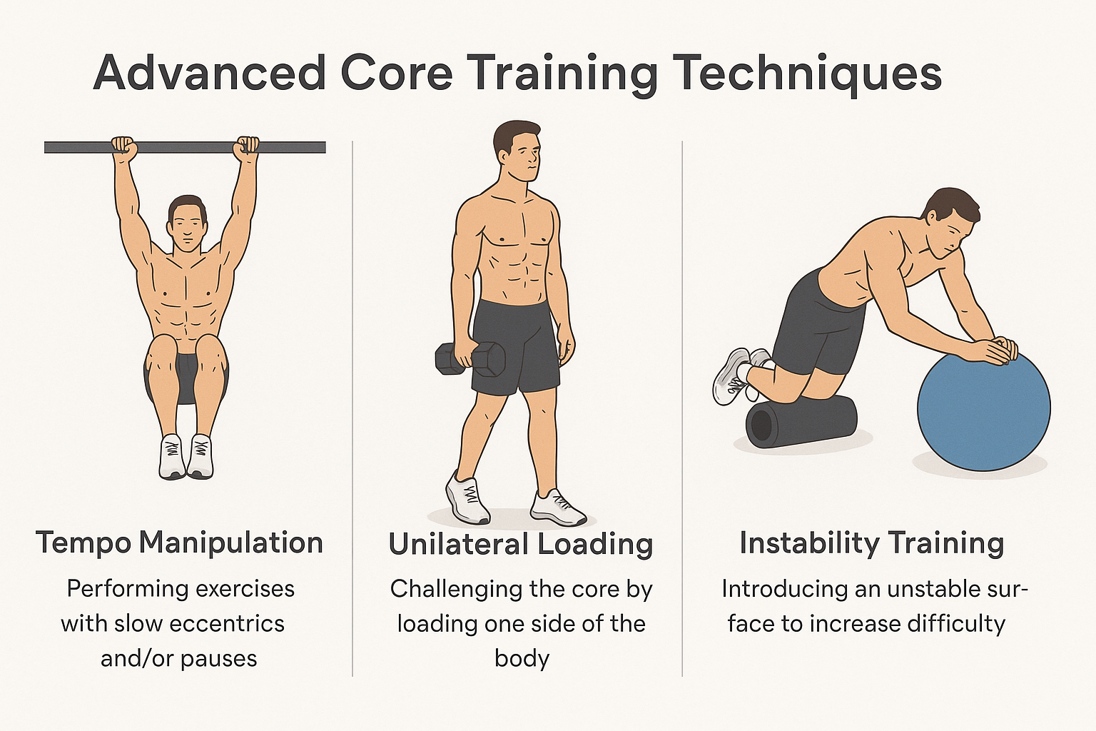 Infographic showing a workout routine for men abs with tempo leg raises, suitcase carries, and stability ball rollouts for core definition.