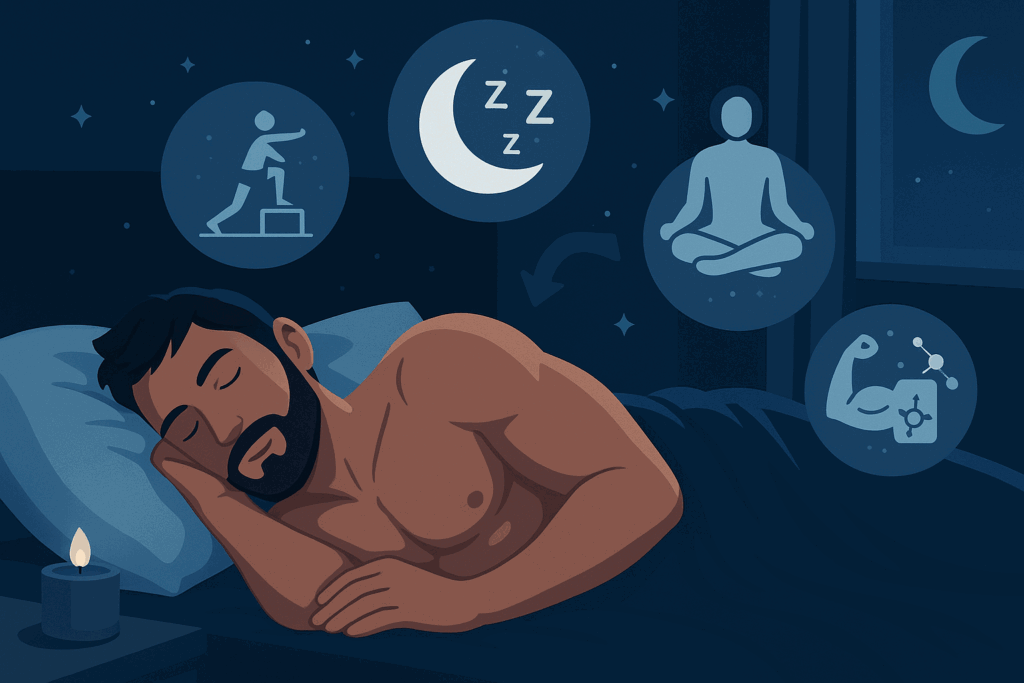 Fit man sleeping peacefully with icons for sleep, meditation, foam rolling, and hormone balance, supporting a workout routine for men abs.