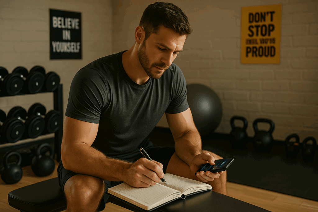 Man planning his workout routine for men abs in a gym, writing in a fitness journal while using a smartphone, surrounded by motivational elements.
