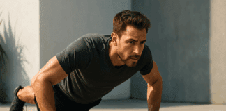 The Ultimate Bodyweight Strength Program to Build Muscle Without Weights Athletic man doing a push-up outdoors in natural light, showcasing focus and muscle definition for a bodyweight strength program.
